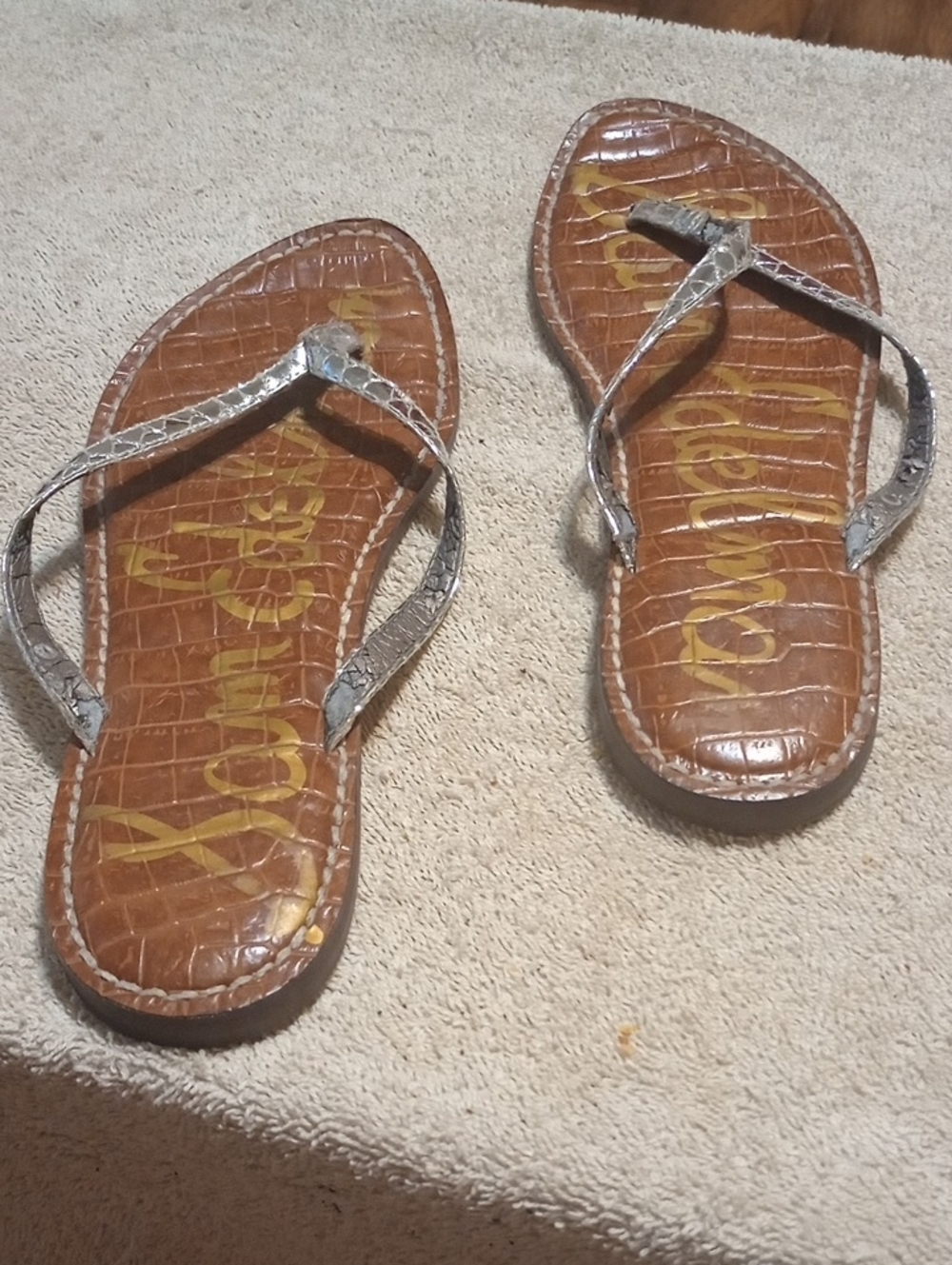 Sam Edelman Silver Metallic Strap Brown Footbed Sandals